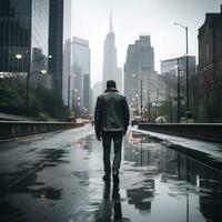 Man walking in the rain with city skyline in background photo