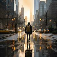 Man walking in the rain with city skyline in background photo