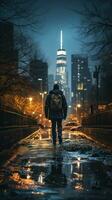 Man walking in the rain with city skyline in background photo