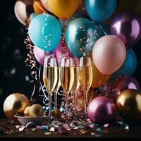 Champagne glasses surrounded by colorful balloons and streamers photo