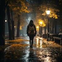 Woman walking alone in the rain photo