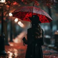 Young woman with red umbrella in the rain photo