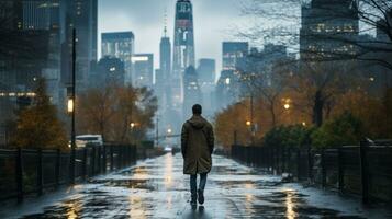 Man walking in the rain with city skyline in background photo