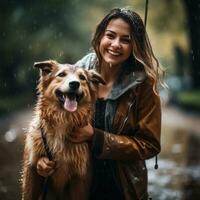 Woman walking her dog in the rain with umbrella photo