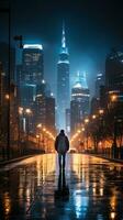 Man walking in the rain with city skyline in background photo
