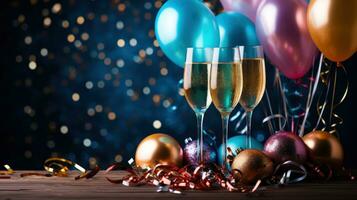 Champagne glasses surrounded by colorful balloons and streamers photo