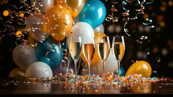 Champagne glasses surrounded by colorful balloons and streamers photo