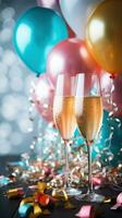 Champagne glasses surrounded by colorful balloons and streamers photo