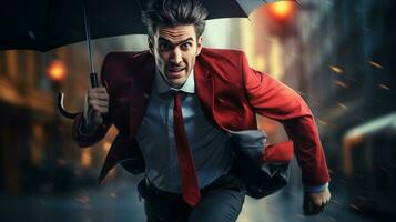 Businessman rushing with umbrella in hand photo