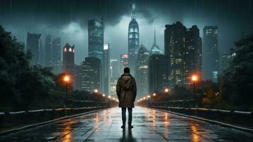 Man walking in the rain with city skyline in background photo