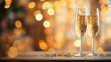 Two champagne flutes with a bright bokeh-filled background photo