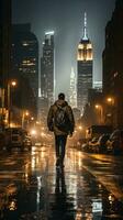Man walking in the rain with city skyline in background photo