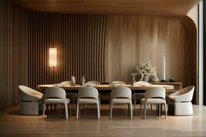 Simplistic Interior Design for a Modern Dining Room with an Arched Abstract Wood Paneled Wall photo