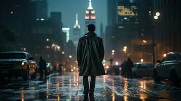 Man walking in the rain with city skyline in background photo