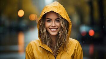 Woman in yellow raincoat with umbrella in the rain photo