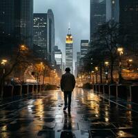 Man walking in the rain with city skyline in background photo