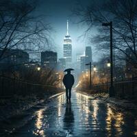 Man walking in the rain with city skyline in background photo