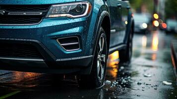 A blue SUV sits at a traffic light in a downpour, photo