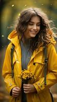 Woman in yellow raincoat with umbrella in the rain photo