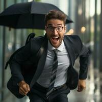 Businessman rushing with umbrella in hand photo