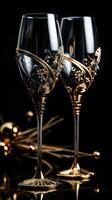 elegante champán lentes en contra un negro antecedentes con oro acentos foto