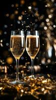 Two glasses of bubbly against a black and gold confetti-filled background photo