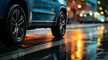 A blue SUV sits at a traffic light in a downpour, photo