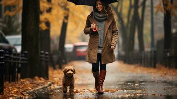 Woman walking her dog in the rain with umbrella photo