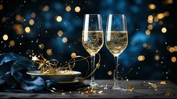 Elegant champagne glasses against a starry night sky photo