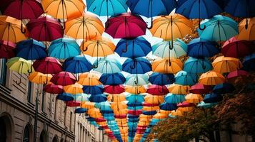 vistoso paraguas en el ciudad foto