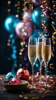 Champagne glasses surrounded by colorful balloons and streamers photo