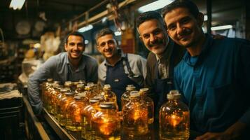 grupo de hombres trabajando hombre preparando destilación de mezcal fábrica en México. foto