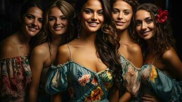 Group of smiling multicultural women in colorful dress looking at camera isolated on black. photo