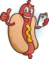 A plump, juicy hot dog with mustard and a big smile browsing their newsfeed on a social media app on their smart phone vector