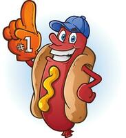 A hot dog cartoon character sports fan with a big orange foam finger vector clip art