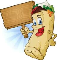 A happy burrito cartoon character holding a blank wooden sign vector clip art