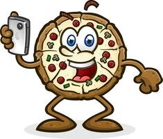 A pizza pie checking his social media accounts on his mobile phone while taking photos and selfies with his phone camera vector clip art