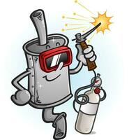 A shiny new muffler cartoon mascot wearing safety gear and using a welding torch with a gas tank with sparks flying everywhere vector clip art