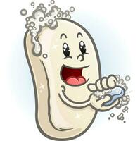 A sparkling bar of hand soap cartoon character with suds of clean bubbles washing hands vector clip art