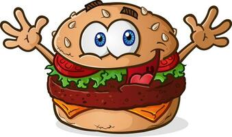 A smiling happy hamburger cheeseburger cartoon character celebrating with his hands in the air vector clip art