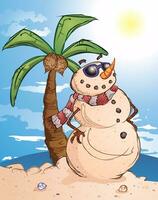 A tropical sandy snowman made of beach sand, relaxing in the tropics. vector