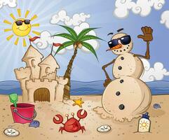 A Snowman made of Sand on a Tropical Beach with Toys and a Sand Castle clip art cartoon character vector