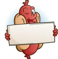 An excited, smiling hot dog cartoon character clip art holding a blank sign and winking vector