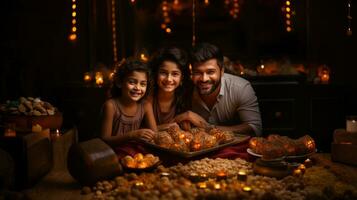 Indian family celebrating diwali festival with lit candles and sweets. photo