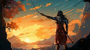 fantasía ilustración de un antiguo hindú Dios con un lanza en su manos. foto
