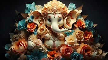 Hindu God Ganesha statue made of flowers. photo