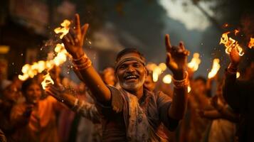 Unidentified Hindu people celebrate Holi or Diwali festival. photo