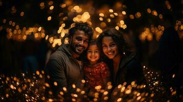 Indian family at Diwali festival.  Mother, father and daughter having fun together. photo