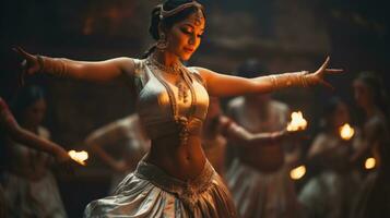 Beautiful asian woman in traditional indian dress dancing in a temple photo