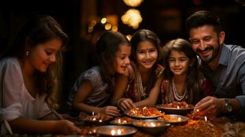 Group of indian people lighting candles for Diwali festival. photo